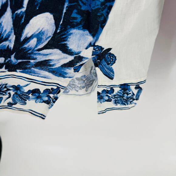 H&M Blue Floral Linen Popover Blouse White Long Sleeve Button Down Size M - Picture 6 of 10